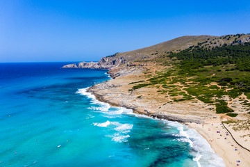 Aerial view, cliff and beach, Cala Agulla, Cala Mesquida, Mallorca, Balearic Islands, Spain