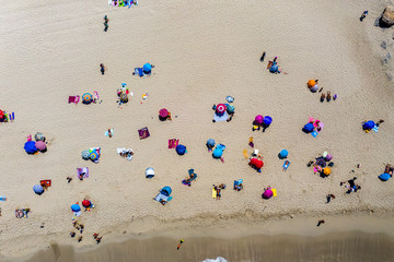 Aerial view, beach with bathers from above, Cala Agulla, Cala Mesquida, Mallorca, Balearic Islands, Spain