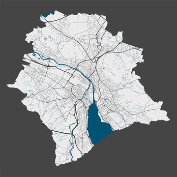 Zurich map. Detailed map of Zurich city poster with streets, water.