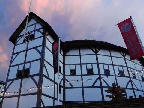 London, UK, January 27, 2013 : The Globe Theatre of William Shakespeare at dusk which is a popular travel destination tourist attraction landmark stock photo image