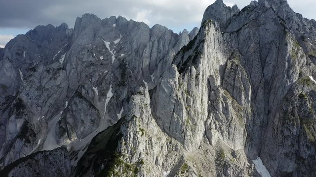 Upper Austria. Aerial view of epic peaks of Dachstein top summit mountains located near Gosausee lake