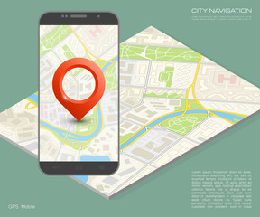 Isometry City map route navigation smartphone, phone point marker, road drawing schema, isometric city plan GPS navigation tab, itinerary destination arrow paper city map. Route isometric check point