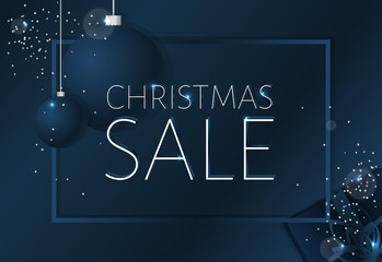 Elegant Christmas sale background with shining silver snowflakes. Dark blue vector template for shopping posters.