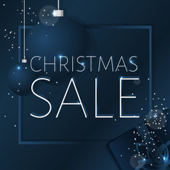Elegant Christmas sale background with shining silver snowflakes. Dark blue vector template for shopping posters.