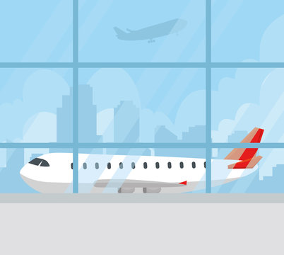 modern airliner in terminal, large commercial passenger aircraft on airport vector illustration design