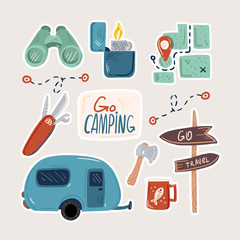 Collection of adventure tourism, travel abroad, summer vacation trip, hiking and backpacking decorative design elements isolated on white background. Flat cartoon colorful vector illustration.