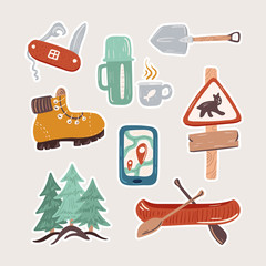 Collection of adventure tourism, travel abroad, summer vacation trip, hiking and backpacking decorative design elements isolated on white background. Flat cartoon colorful vector illustration.