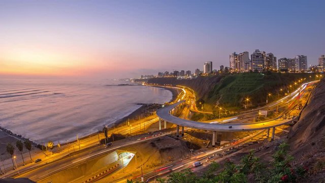 Aerial panoramic view of Lima's Coastline in the neighborhood of Miraflores day to night transition timelapse, Lima, Peru. Road traffic with junction and beach with ocean from Husares De Junin