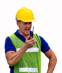 industrial worker using walkie talkie isolated