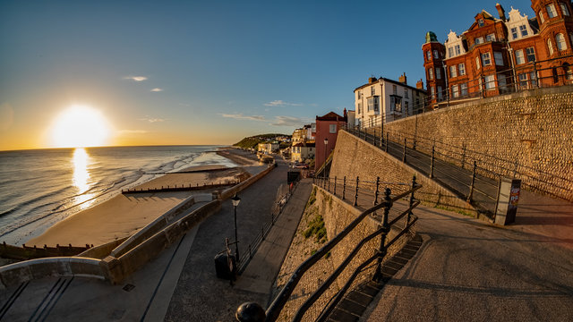 Fisheye view to Cromer beach at sunrise