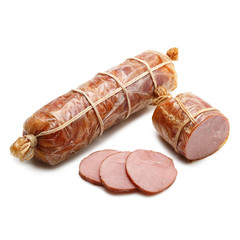 Poultry meat roll whole and cut into slices.