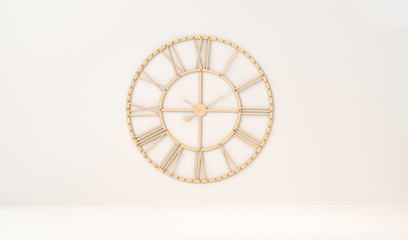 Fototapeta na wymiar Composition with large wall golden clock with roman numbers on white wall. 3D rendering for web page, presentation or picture frame backgrounds. 