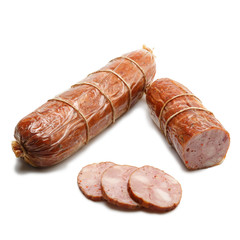 Poultry meat roll whole and cut into slices.