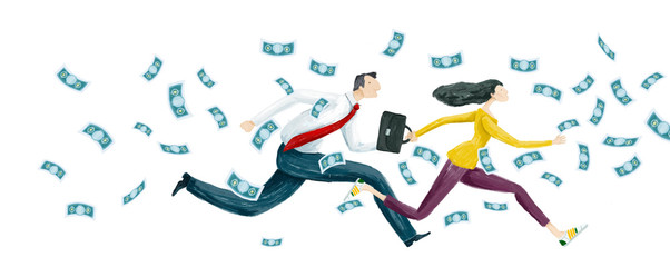 Businessmen running towards a source of money. The money is being blown at the running business people. Success and positive progress, banking, advisory, economy and financial concept illustration. 