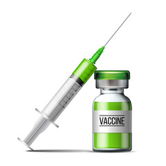 Plastic medical syringe with needle, drop and vial serum against Covid-19.