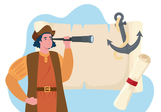 happy columbus day, with christopher columbus and icons vector illustration design