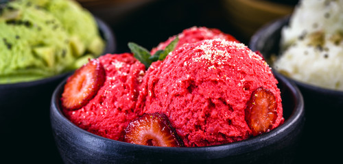 vegan strawberry ice cream, red ice cream with fruits