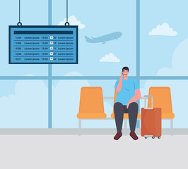 man sitting in chair on the airport terminal, passenger at airport terminal with baggages vector illustration design