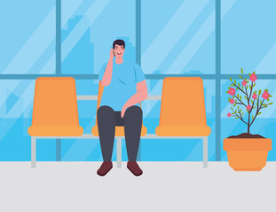 man sitting in chair on the airport terminal, passenger at airport terminal vector illustration design