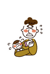 ミルクが嫌で泣いてる赤ちゃんと困ってるパパ