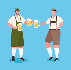 men german in national dress with jars beer for oktoberfest festival celebration vector illustration design