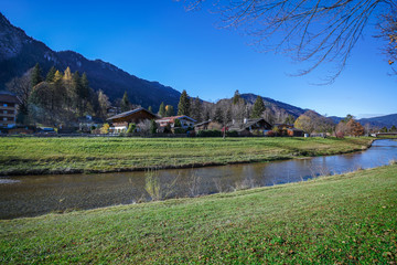 Oberammergau riverside German village in the Bavarian Alps
