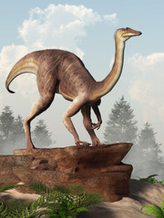 Gallimimus was a theropod dinosaur that lived during the Cretaceous period in what is now Mongolia. Here depicted with a coat of brown and white very short feathers.  