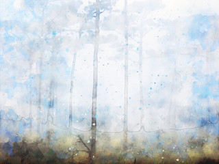 Digital watercolor painting of trees with fog in the morning, landscape image