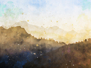Digital watercolor painting of mountain in the morning, fall season landscape image