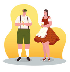 couple german in national dress with beer glasses for oktoberfest festival vector illustration design