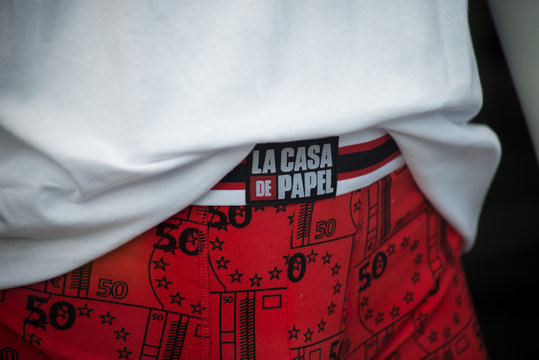 Mulhouse - France - 23 August 2020 - Closeup Of La Casa De Papel Logo Of The Serie Tv On Netfix On  Red Boxer Short For Men On Mannequin In A Fashion Store Showroom