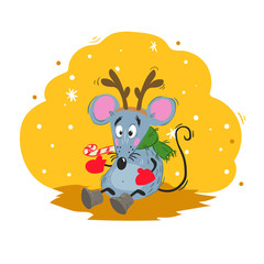 Cartoon funny mouse in reindeer horns mask. 2020 Year Chinese symbol. Comic mascot. Rat or mouse character. Rodent animal. Scratchy style. Vector illustration on colorful background.