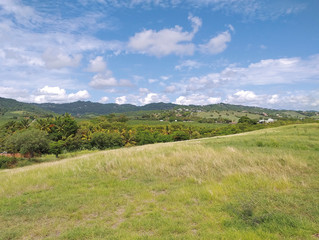 Idyllic panoramic view of tropical countryside with green hills with lush vegetation under tropical blue sky with white clouds. Detail of Nature in its purest form. Backgrounds and patterns.