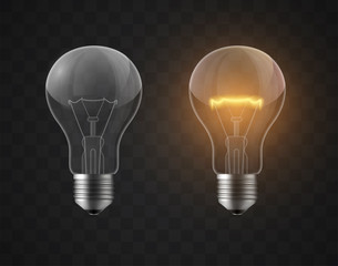 Glowing and turned off electric light bulb, vector illustration.