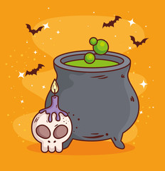 happy halloween, cauldron with skull and candle vector illustration design