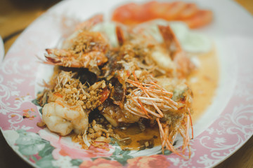 Stir fried shrimp with tamarind sauce, Thai style food.