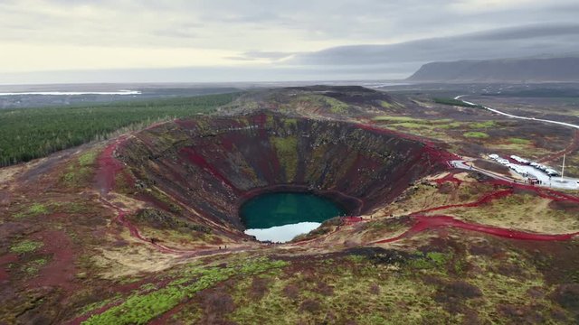 Aerial drone flight over Kerid Crater, Iceland, 4k