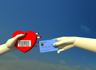 Futuristic love 3D illustration. Young lady hand offering her heart with a bar code on it and young man hand approaching it by contact less card to make a deal. Collection.