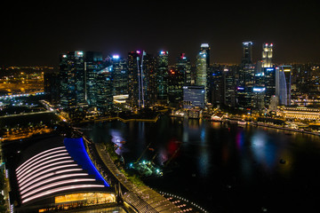 Singapore - 10 June 2018: Night top view of  Singapore City, wide angel of The National Symbol Of...