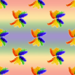Fototapeta na wymiar Seamless pattern of lined in rainbow colored bird feathers on a rainbow background. LGBTQ concept