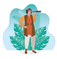 christopher columbus watching in scene tropical leaves vector illustration design