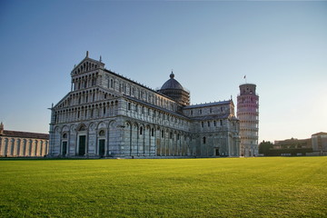 View of the Pisa Cathedral with the Leaning Tower of Pisa in Piazza dei Miracoli of Pisa, region of Tuscany, Italy