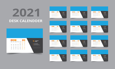 Fototapeta na wymiar Desk calendar design 2021 template Set of 12 Months, Week starts Monday, Stationery design, calendar planner