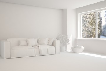 White minimalist living room with sofa. Scandinavian interior design. 3D illustration