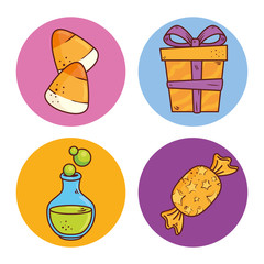 set of candies and gift box on round frames vector illustration design