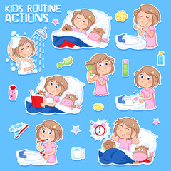 Fototapeta premium Daily routine of a little girl with light brown hair - Set of eight good morning and good night routine actions - Isolated - Blue background