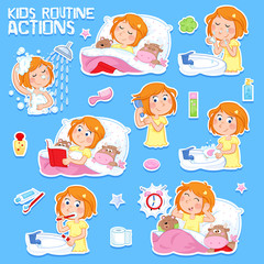Fototapeta premium Good morning and good night - Daily routine actions of a lovely little girl with ginger hair - Set of eight cute illustrations isolated on the blue background