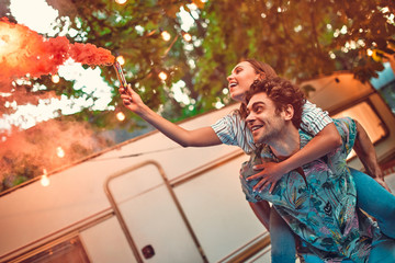 Couple in love near trailer