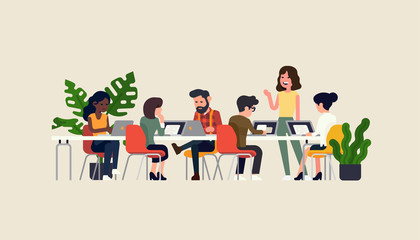 Startup company team meeting. Focus group vector concept illustration. Businesswoman talks to her coworkers at negotiation table. Presentation event flat style characters