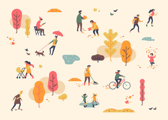 Autumn in city park. Lovely minimalist vector background on joys of fall season with people having a great time outdoors